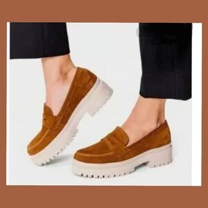 Platform Suede Penny Loafers in Cognac Brown